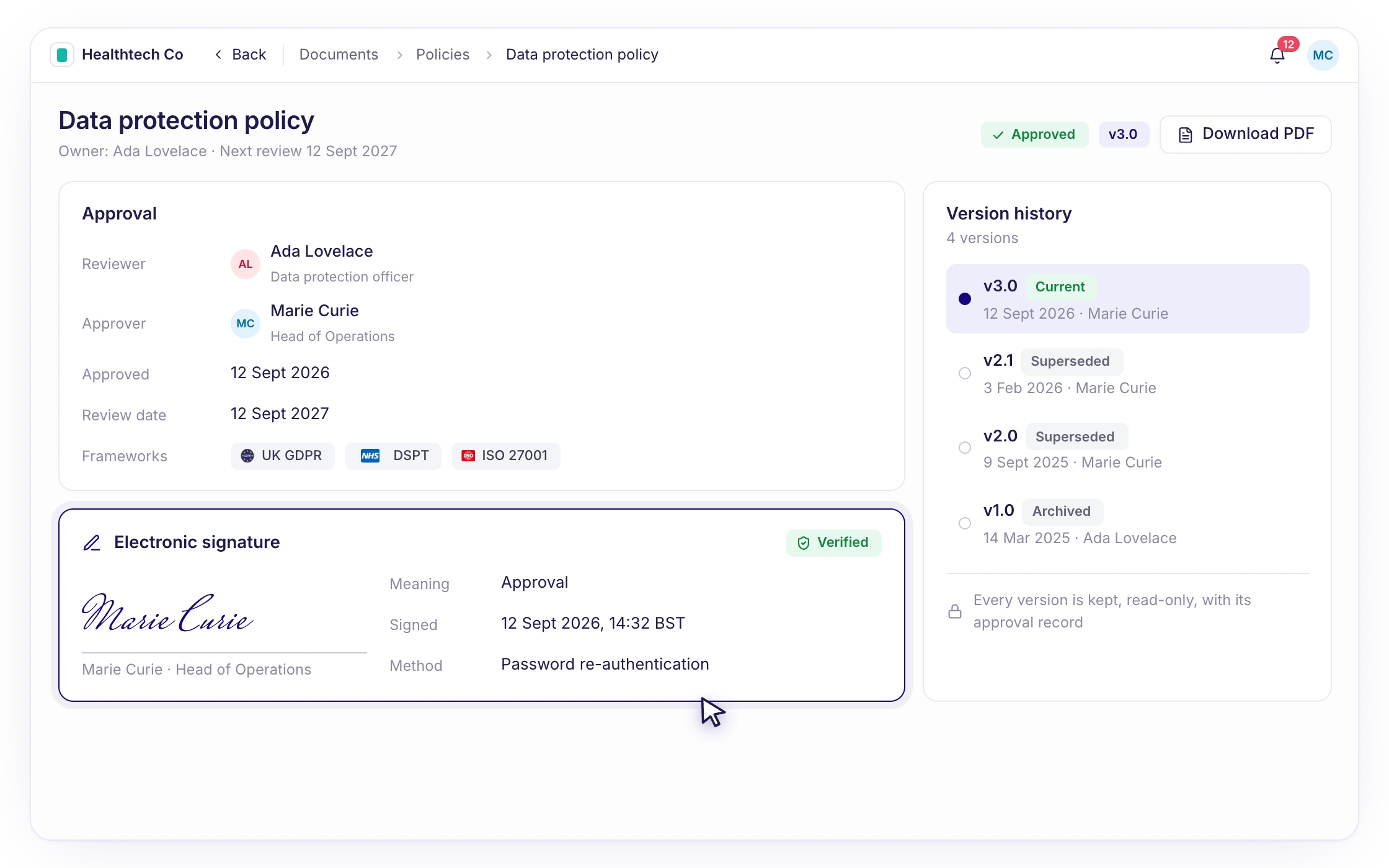 F005: Reviews, approvals and e-signatures built in