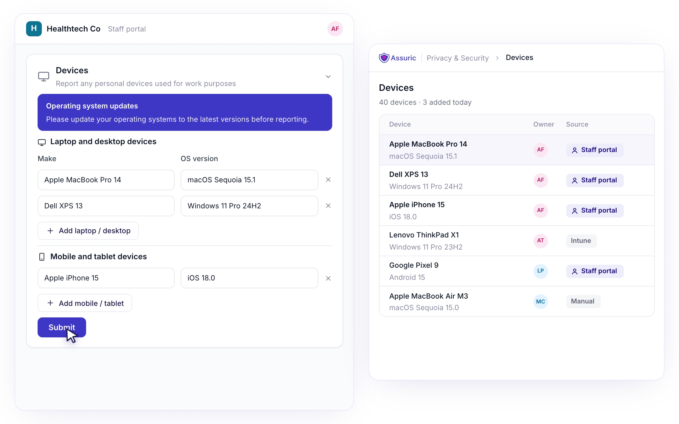 F017: Staff report their own devices in a few clicks