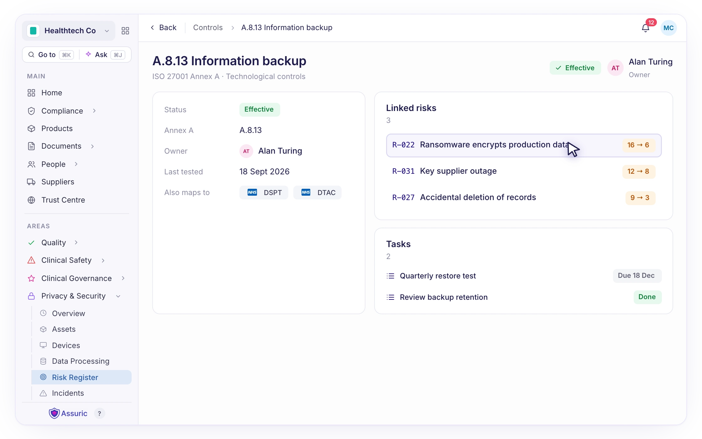 F067: Link risks to assets, suppliers and controls
